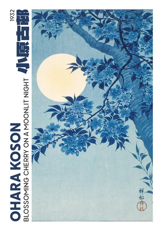 Ohara Koson bloesems canvas schilderij onder een volle maan, Japanse kunst