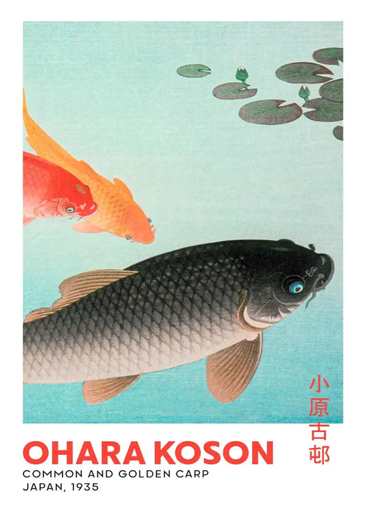 Zwarte en gouden karpers canvas schilderij tussen waterlelies in Japanse vintage stijl
