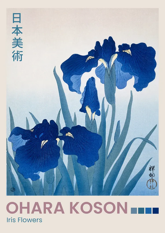 Japanse irisbloemen canvas schilderij in blauw en groen, botanische houtsnedestijl
