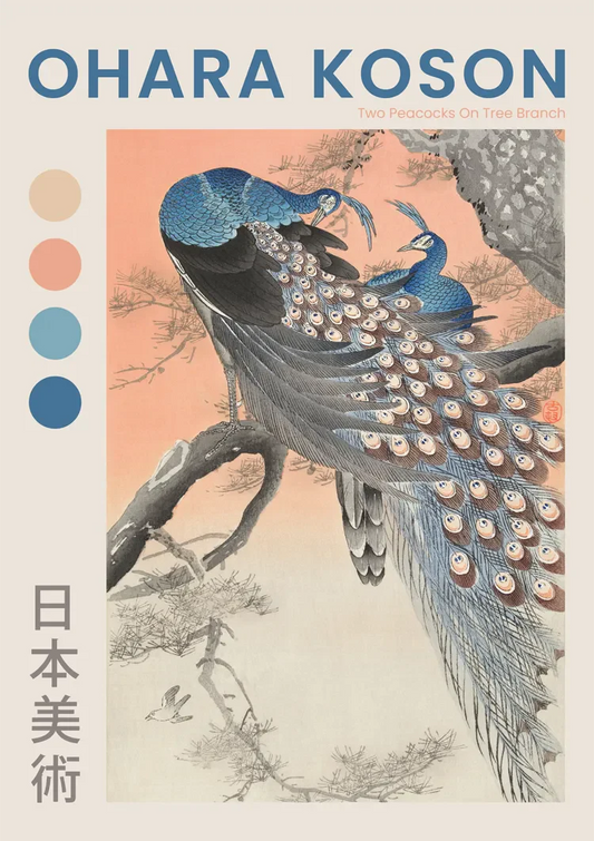 Twee pauwen op een boomtak canvas schilderij in zachte pasteltinten, Japanse pastelstijl