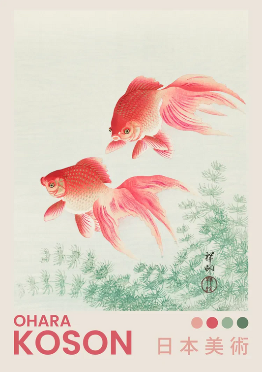 Goudvissen tussen waterplanten canvas schilderij in rode en groene tinten, Japanse inktstijl