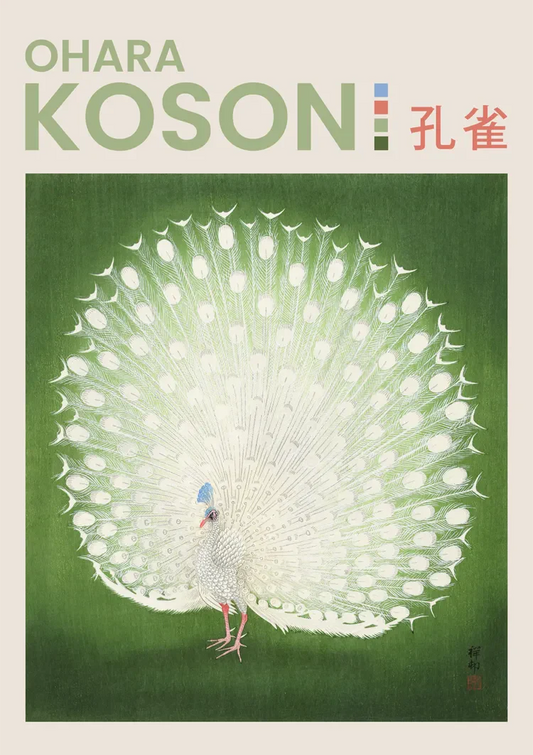Witte pauw in Japanse stijl canvas schilderij in wit en groen