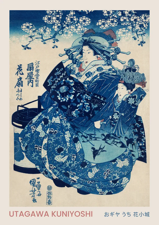 Vrouw in blauwe kimono canvas schilderij in blauwe en crème tinten, Japanse houtsnedestijl