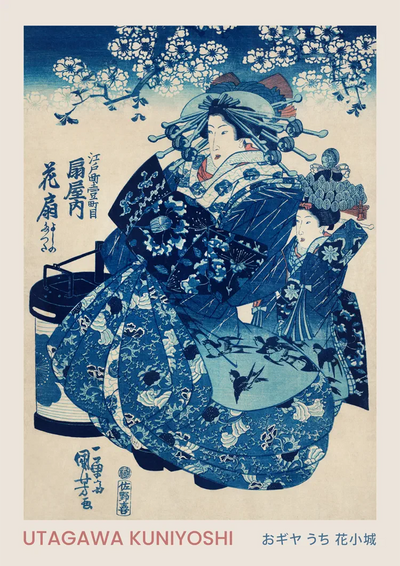 Kuniyoshi Woman Fan Niebieskie Kimono Japoński drzeworyt na Obraz na płótnie