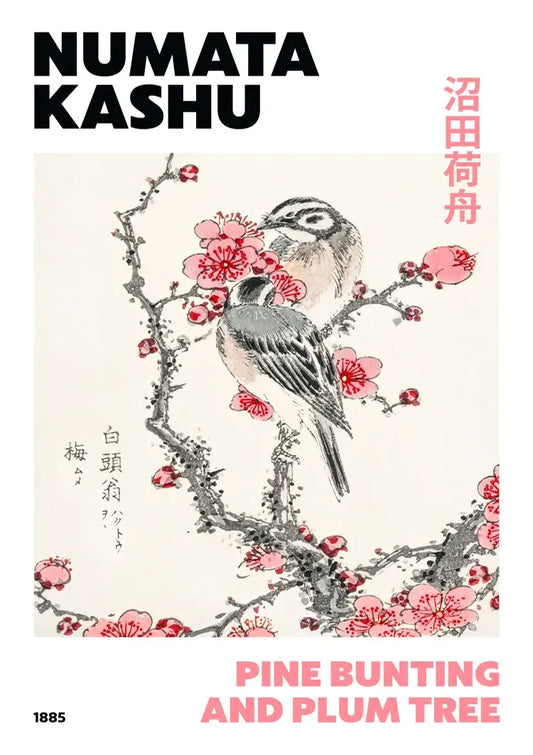 Vogel op pruimenbloesem canvas schilderij in roze en witte tinten, Japanse houtsnedestijl
