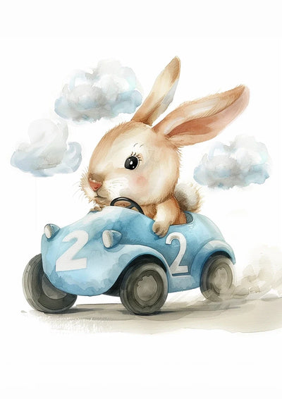 Cute Bunny in Blue Race Car Nursery Illustration Canvas Painting