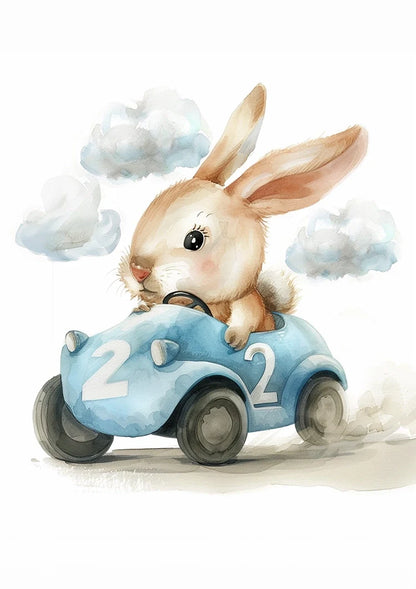 Cute Bunny in Blue Race Car Nursery Illustration Painting