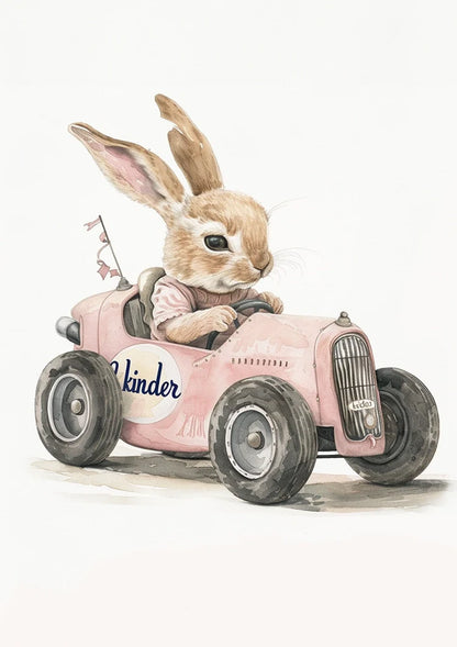 Cute Rabbit Pink Vintage Car Nursery Painting