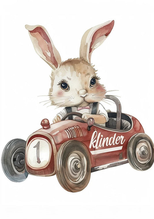 Konijn in de raceauto canvas schilderij in rood en zachte pasteltinten