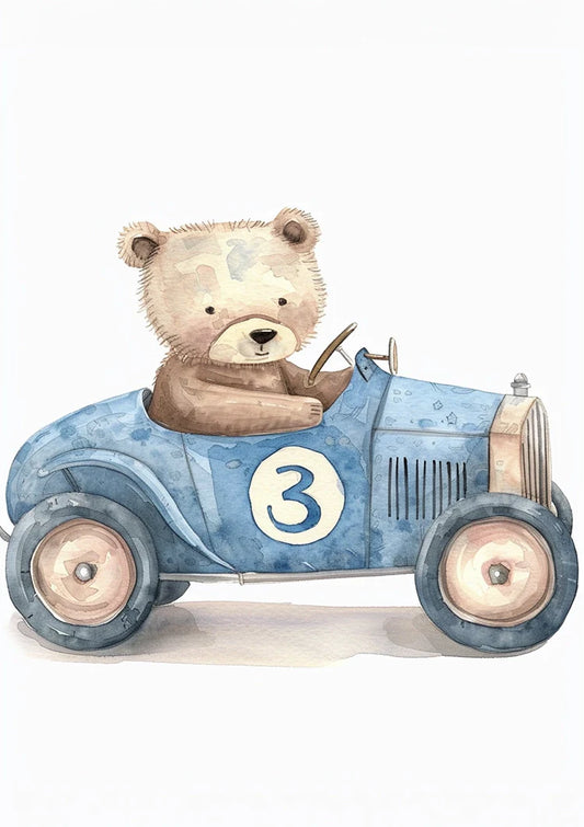 Teddybeer in de raceauto canvas schilderij in blauwe en bruine tinten