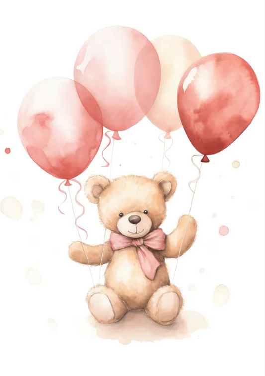 Teddybeer met ballonnen canvas schilderij in roze en crème tinten