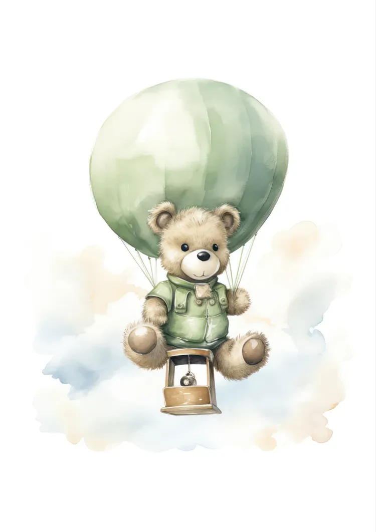 Teddybär Grüner Heißluftballon Wolken Kinderzimmer Aquarell Gemälde