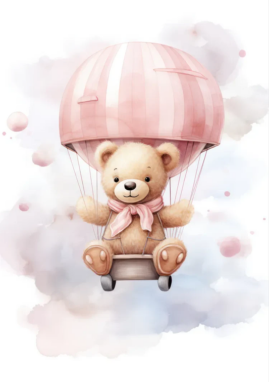 Teddybeer in roze luchtballon canvas schilderij in zachte pasteltinten