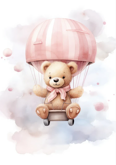 Pink Hot Air Balloon Teddy Bear Nursery Watercolor Canvas Painting