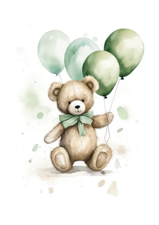 Teddybeer met groene ballonnen canvas schilderij in zachte pasteltinten