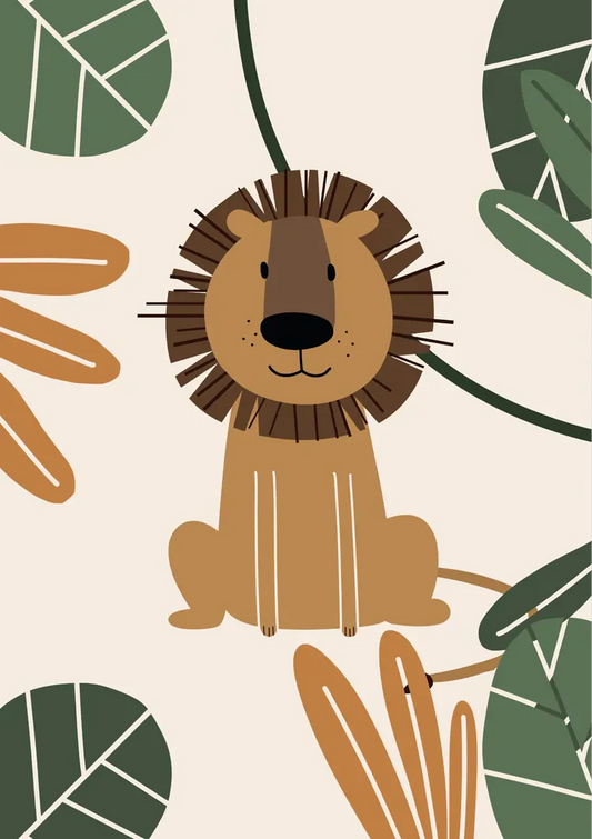 Leeuw tussen jungle bladeren canvas schilderij in warme aardetinten, voor de kinderkamer.