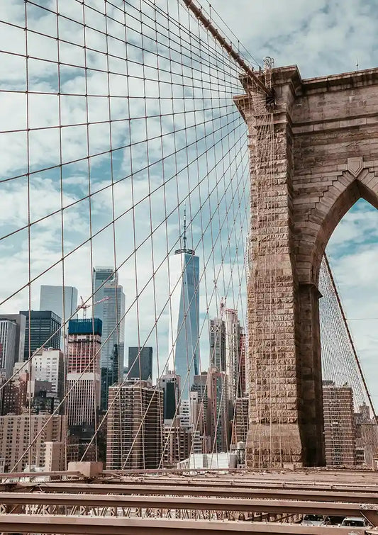 New York skyline canvas schilderij gezien door de kabels van de Brooklyn Bridge
