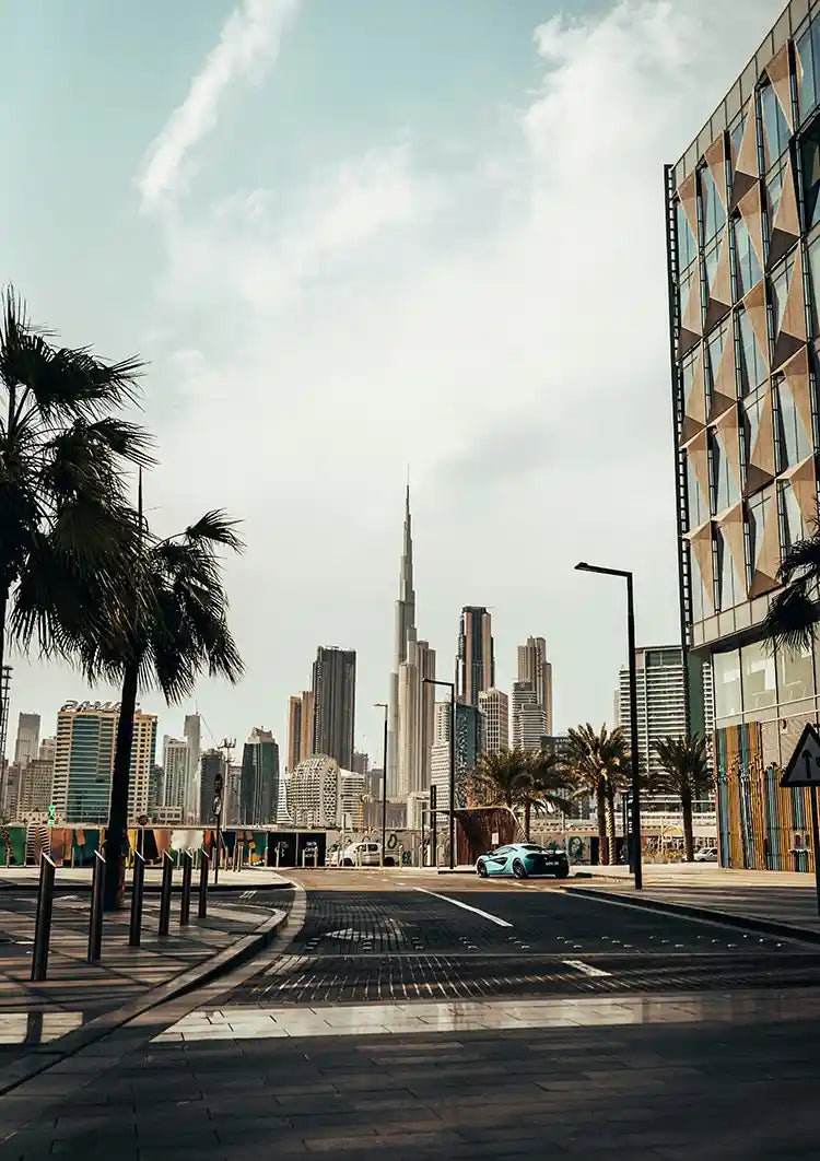 Dubai Skyline Burj Khalifa Palm Trees Empty Street Modern Architecture Painting