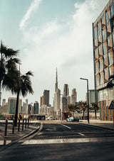 Dubai Skyline Burj Khalifa Palmbomen Lege Straat Moderne Architectuur Canvas Schilderij