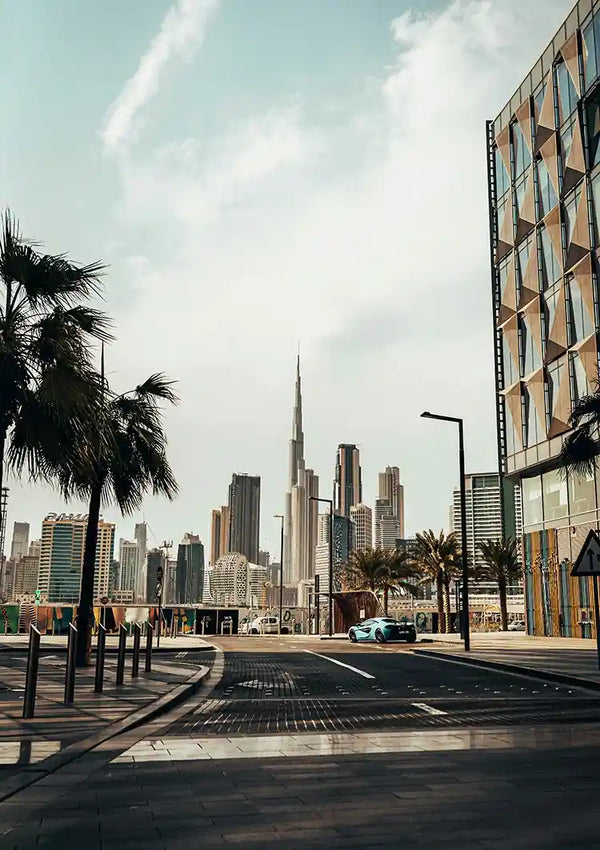 Dubai Skyline Burj Khalifa Palm Trees Empty Street Modern Architecture Painting