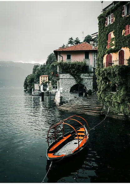 Orange Rowboat Lake Como Italian Villa Ivy Cloudy Sky Painting