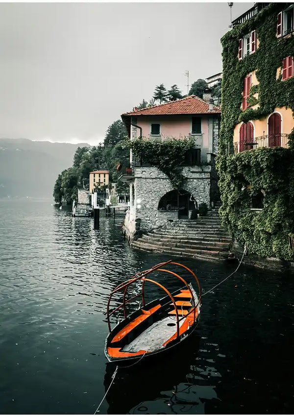 Orange Rowboat Lake Como Italian Villa Ivy Cloudy Sky Painting
