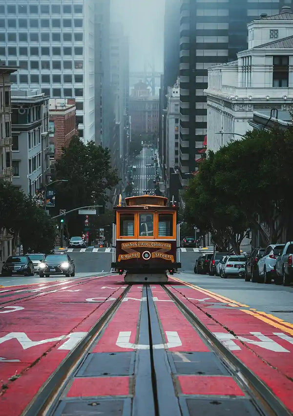Gele Kabeltram San Francisco Mistige Straat Stadsgezicht Sfeervolle Fotografie Schilderij
