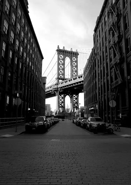 Manhattan Bridge canvas schilderij in zwart-wit vanuit Dumbo Brooklyn