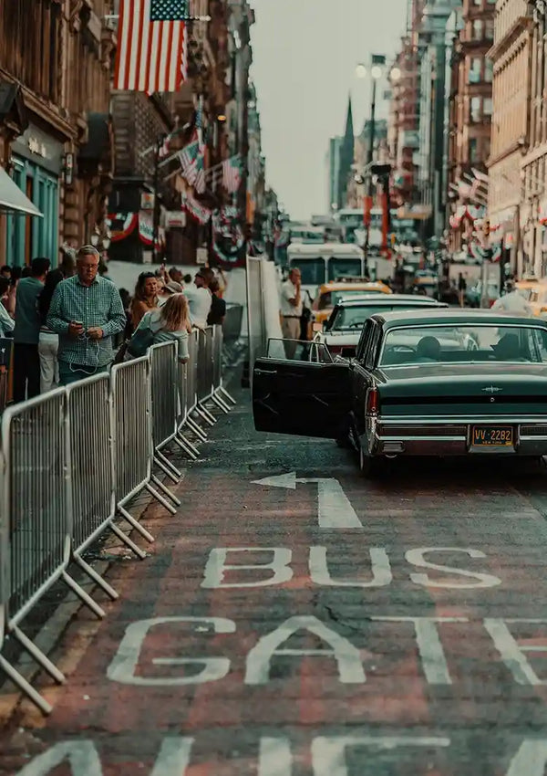 Retro American Street Vintage Car Flag Busy City Nostalgic Painting