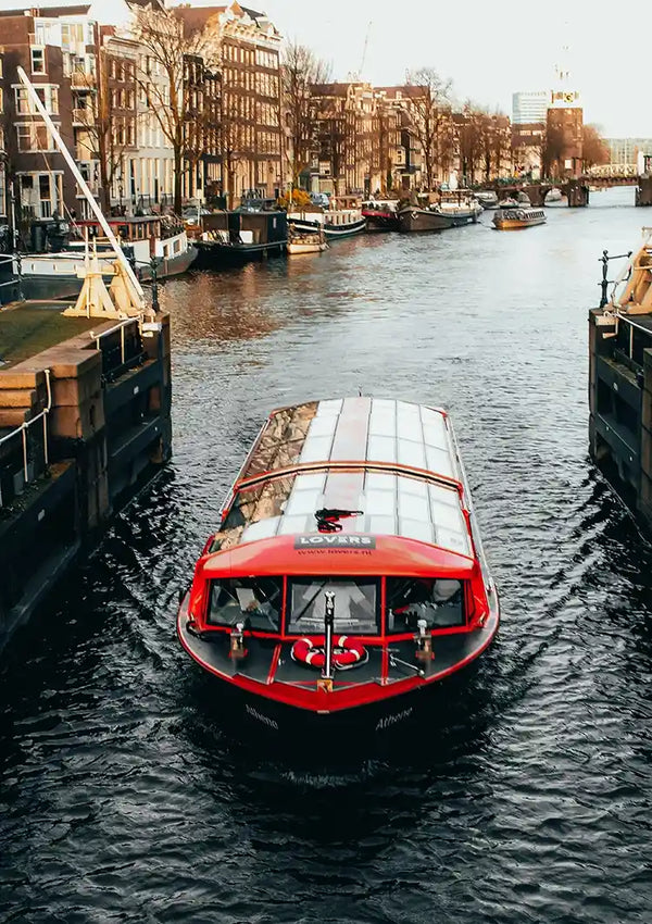 Amsterdamer Grachtenboot Rotes Glasdach Historische Gebäude Gemälde