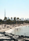 Dubai Beach Skyline Burj Khalifa Palm Trees People Waterfront Painting
