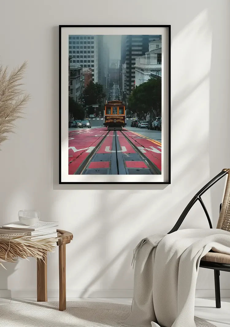 Gele Kabeltram San Francisco Mistige Straat Stadsgezicht Sfeervolle Fotografie Schilderij