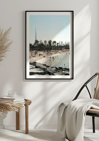 Dubai Beach Skyline Burj Khalifa Palm Trees People Waterfront Painting