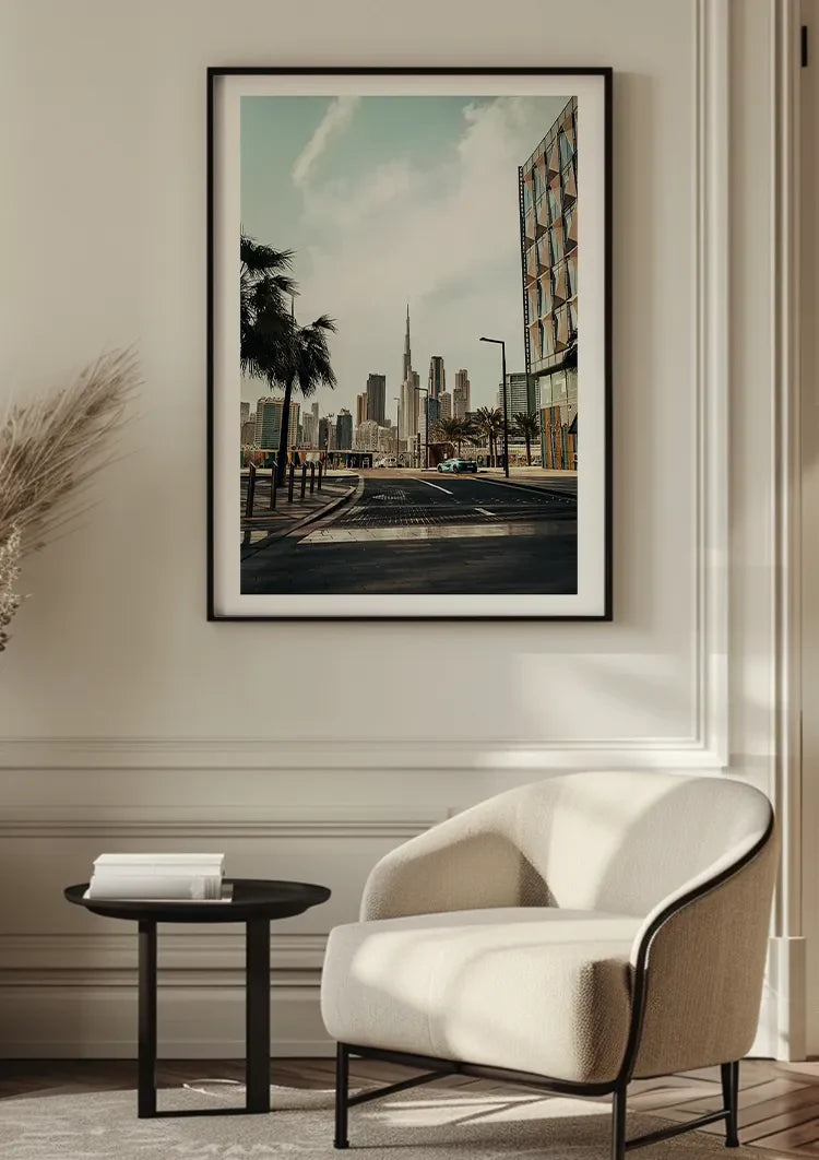 Dubai Skyline Burj Khalifa Palm Trees Empty Street Modern Architecture Painting