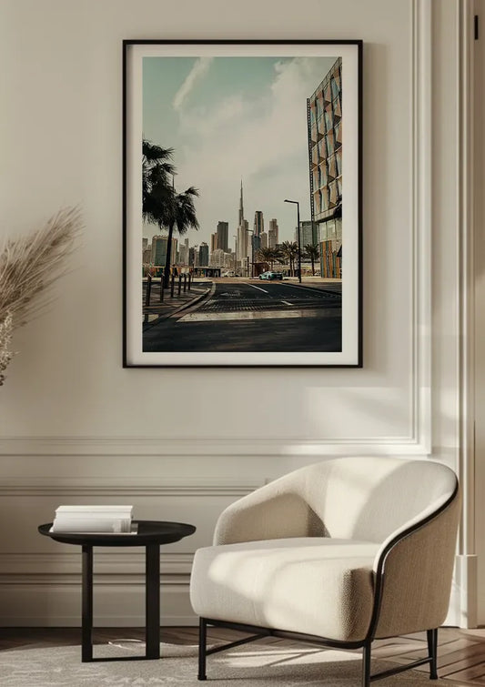 Dubai skyline met palmbomen canvas schilderij aan de wand in de hal