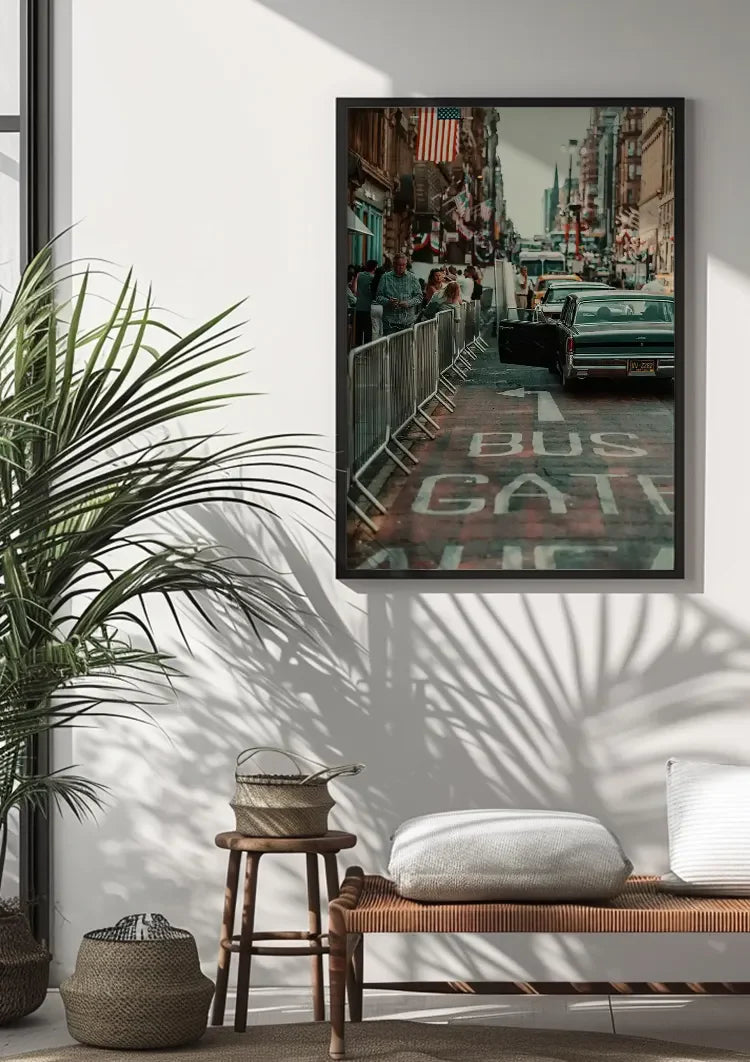 Retro American Street Vintage Car Flag Busy City Nostalgic Painting