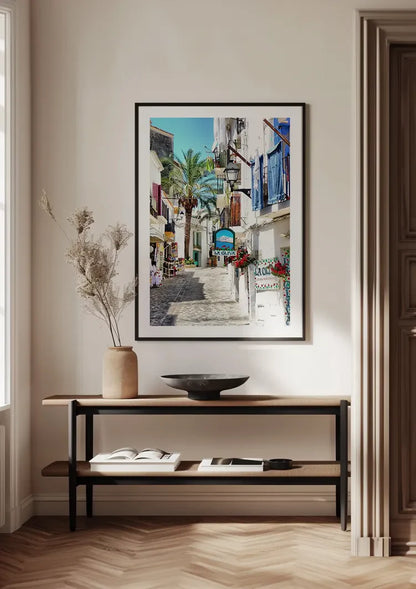 Mediterranean Alley White Facades Blue Shutters Palm Tree Sunny Painting