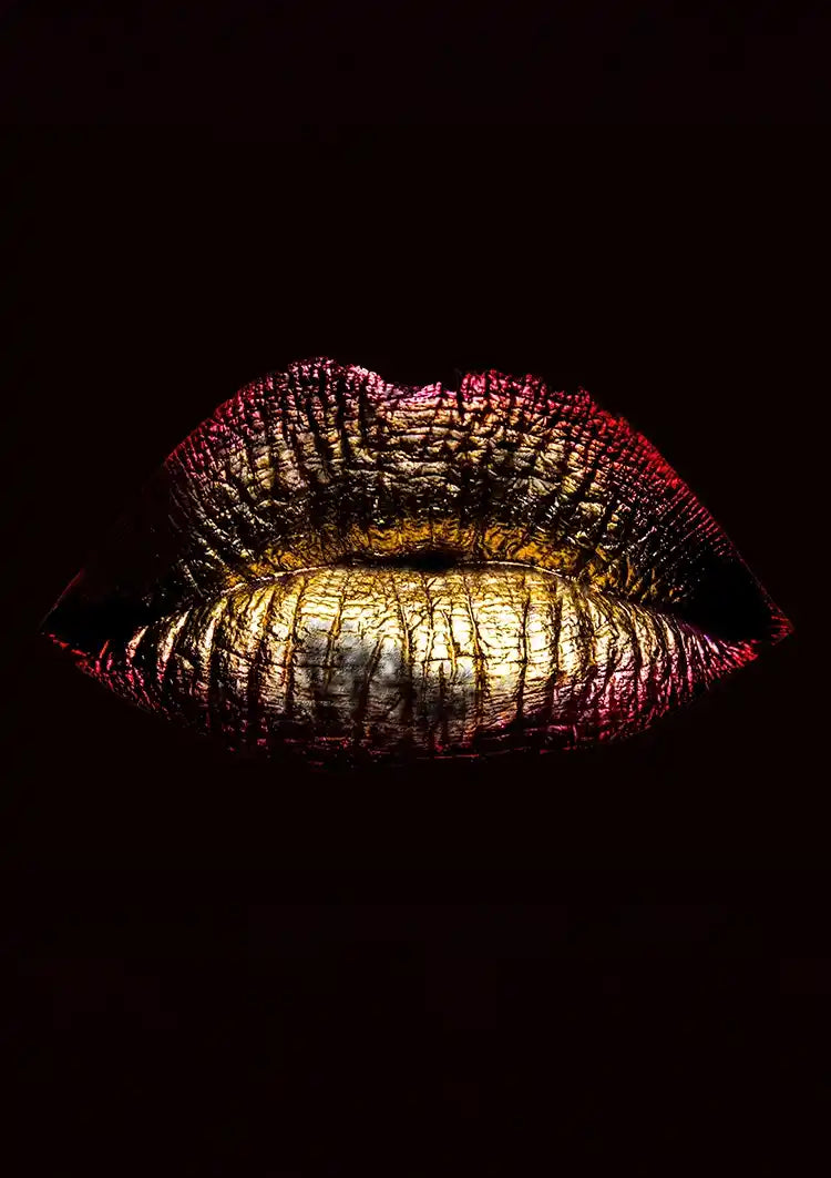 Gouden Lippen Metallic Zwarte Achtergrond Glamour Schilderij