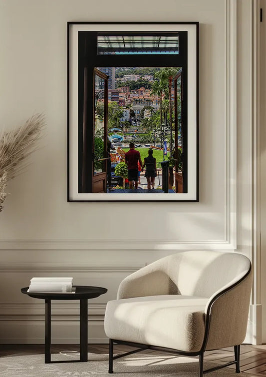 Stel met uitzicht op de stad canvas schilderij aan de muur in de hal