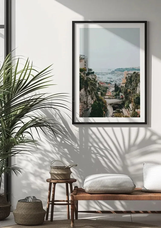 Mediterraan kustdorp met een haven canvas schilderij aan de muur in de hal