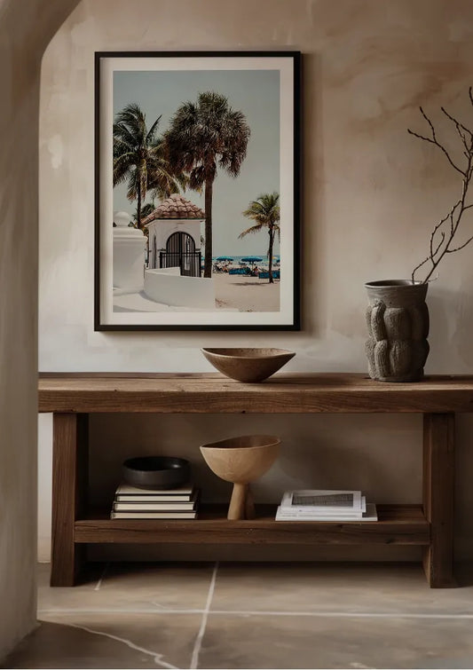 Hoge Palmbomen bij Wit Gebouw en Blauwe Zee Fort Lauderdale Canvas Schilderij