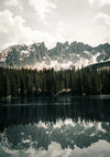 Peaceful Mountain Lake with Pine Forest and Snowy Peaks Canvas Print