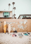 Surfboards Against Wall On Beach With Palm Trees Painting