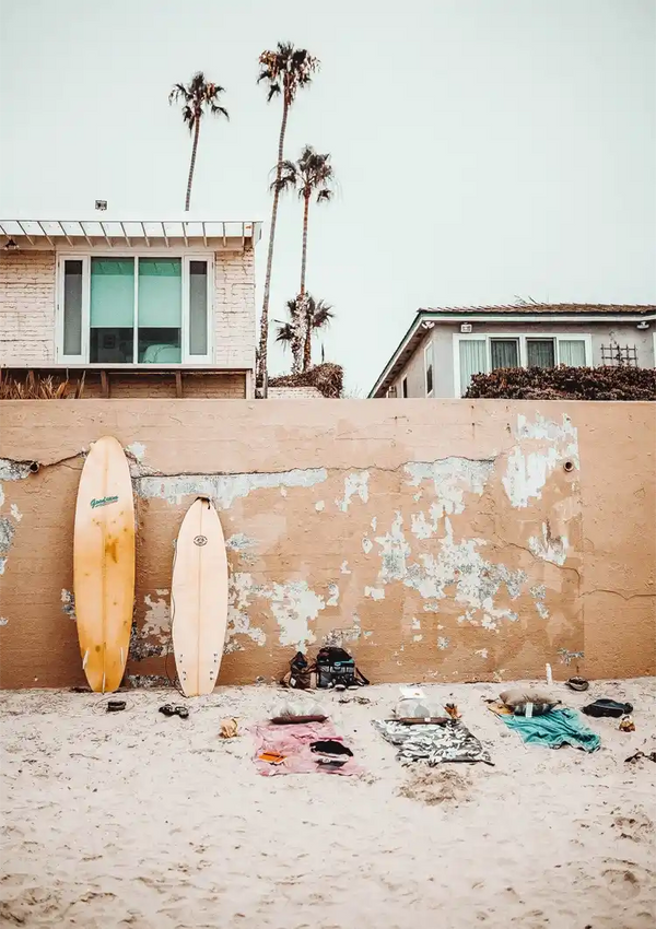 Surfboards Against Wall On Beach With Palm Trees Painting