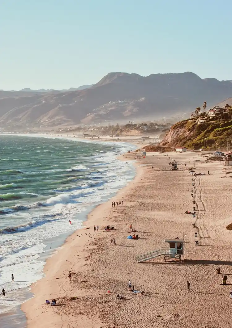 Coastline Sandy beach Mountains Sea Sunny Landscape Painting