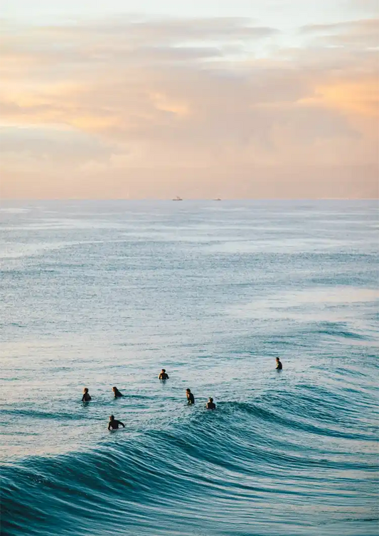 Swimmers Wild Sea Turquoise Waves Pastel Sky Painting