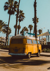 Gelber Vintage-Bus Palmen Sonnige Strand Retro Malerei