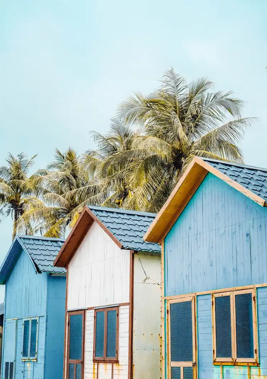 Kleurrijke huizen canvas schilderij in blauw en groen, zomers tafereel