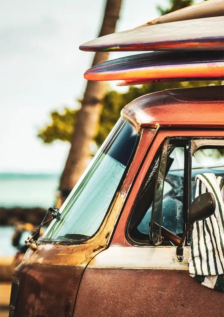 Vintage Bus Surfbretter Palmen Strand Sommer Gemälde