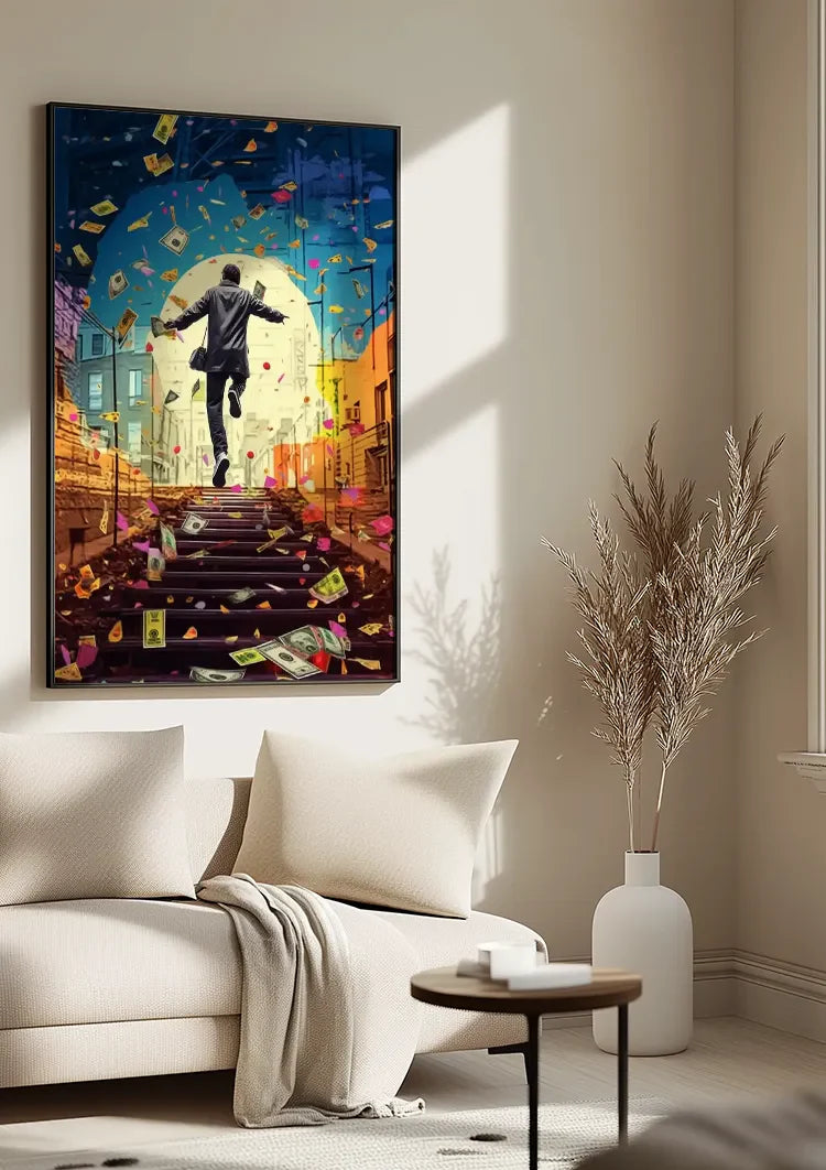 Happy Man Suit Stair Raining Banknotes Pop Art Painting